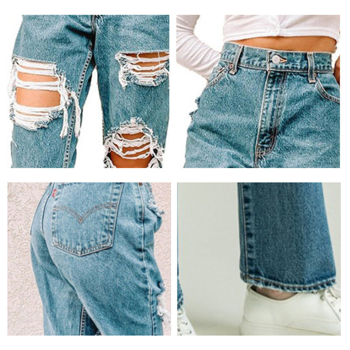 Women Vintage High-Waist Destroyed Jeans with Frayed Details Lune London