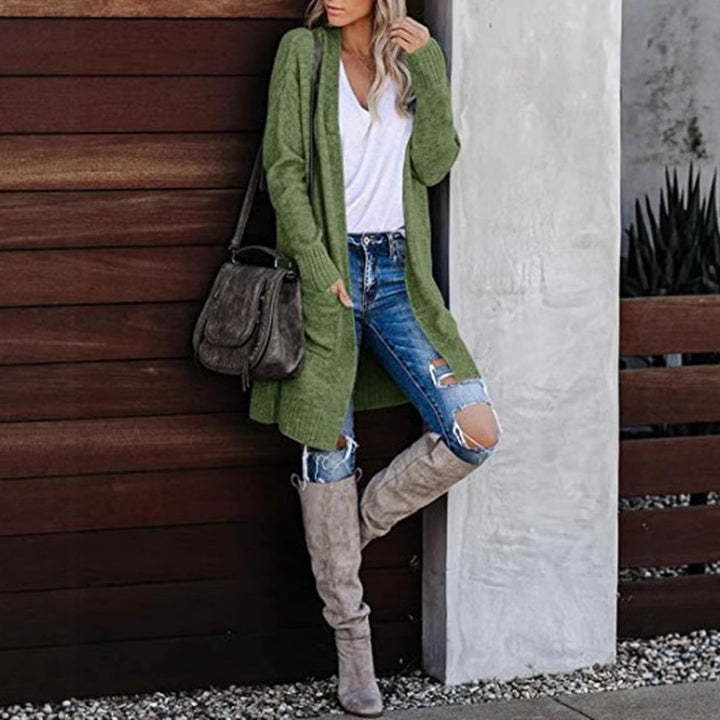 Women Long knitted cardigan with open front and cozy texture Lune London