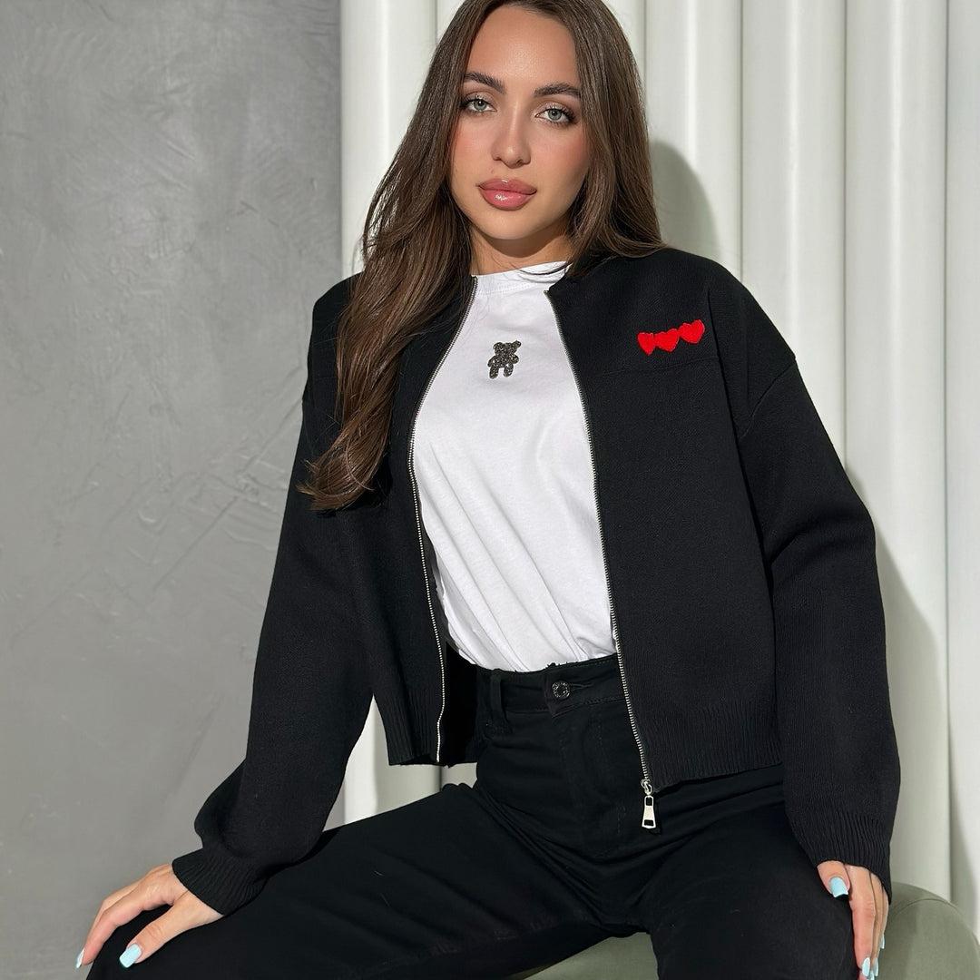 Ladies casual short-sleeve cardigan with heart-shaped appliqués Lune London