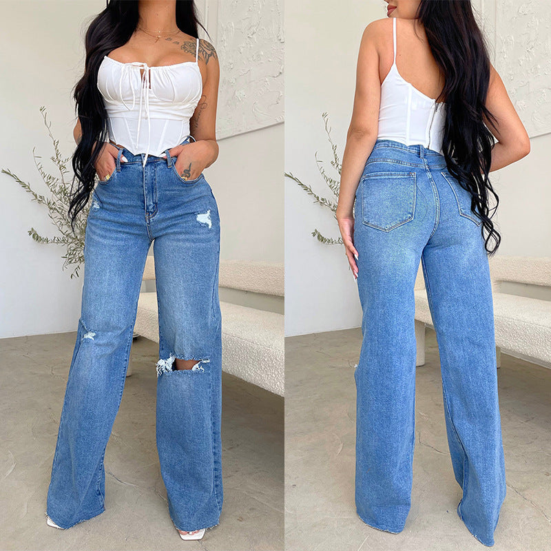 High-waisted wide jeans for women with distressed effects Lune London