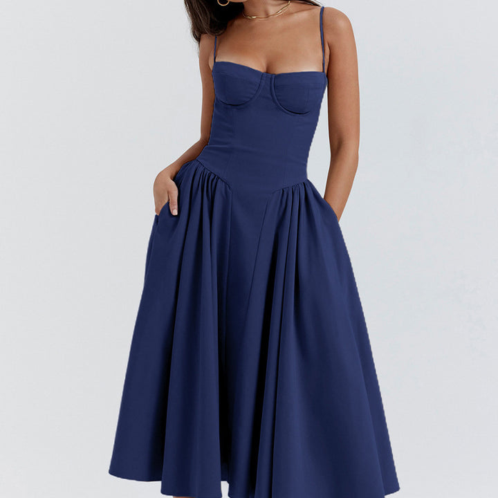 Mid-length dress for women with strapless design and voluminous pleated skirt Lune London