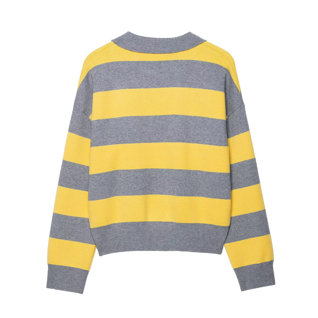 Casual knit sweater for women with polo collar and striped pattern Lune London