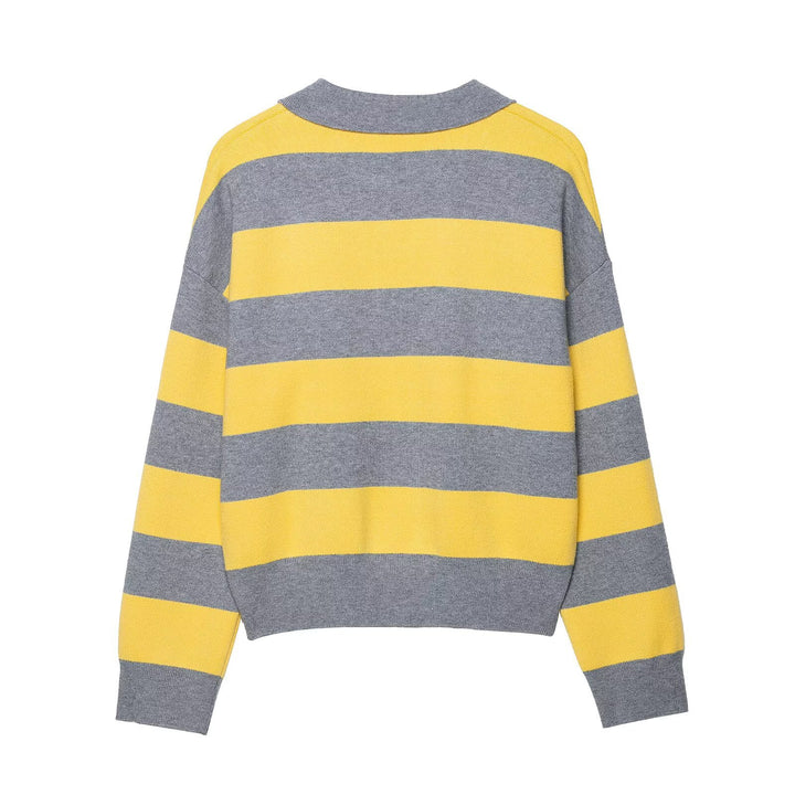 Casual knit sweater for women with polo collar and striped pattern Lune London