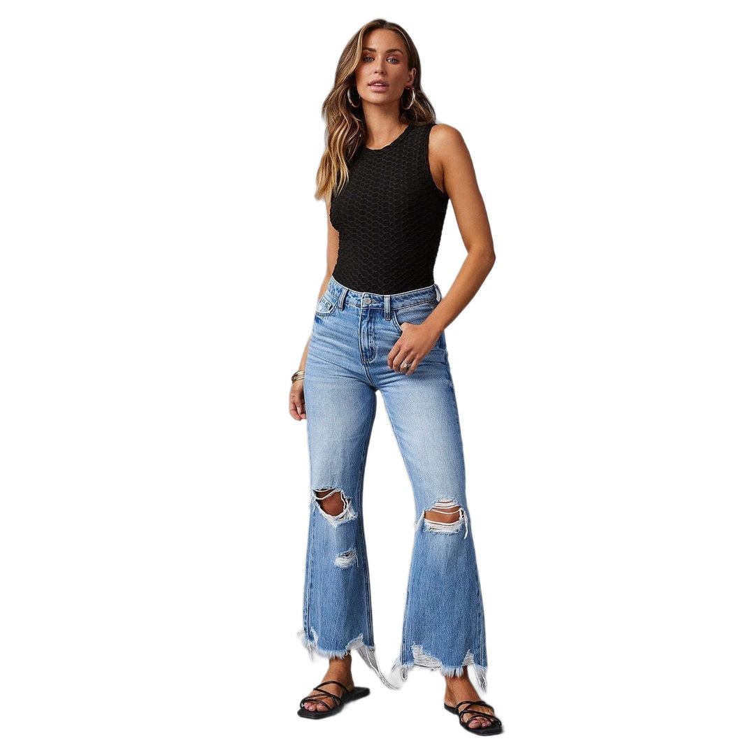 Women's Flared Jeans with Stylish Ripped Details and Frayed Hems Lune London