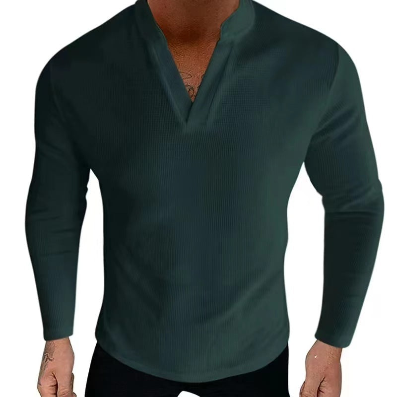Men's Long Sleeve Henley Shirt in Textured Cotton Fabric with a Modern V-Neck Lune London