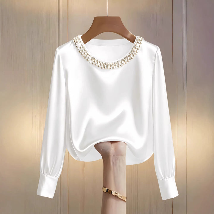 Ladies elegant satin blouse with pearl collar Lune London
