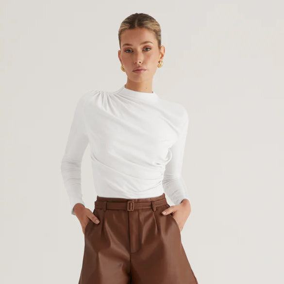 Women's Long Sleeve Shirt with Elegant Wrap Design and High Neck Collar Chic und Stil
