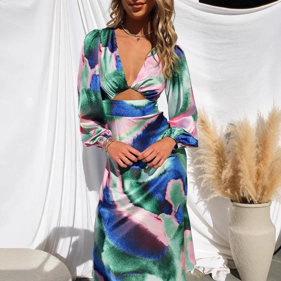 Women's midi dress with innovative cut and colorful pattern Lune London