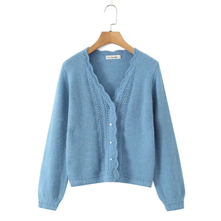 Ladies elegant cardigan with deep V-neck and delicate buttons Lune London