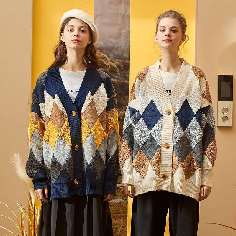 Thick knit jacket for women with a modern diamond pattern and large wooden buttons Lune London