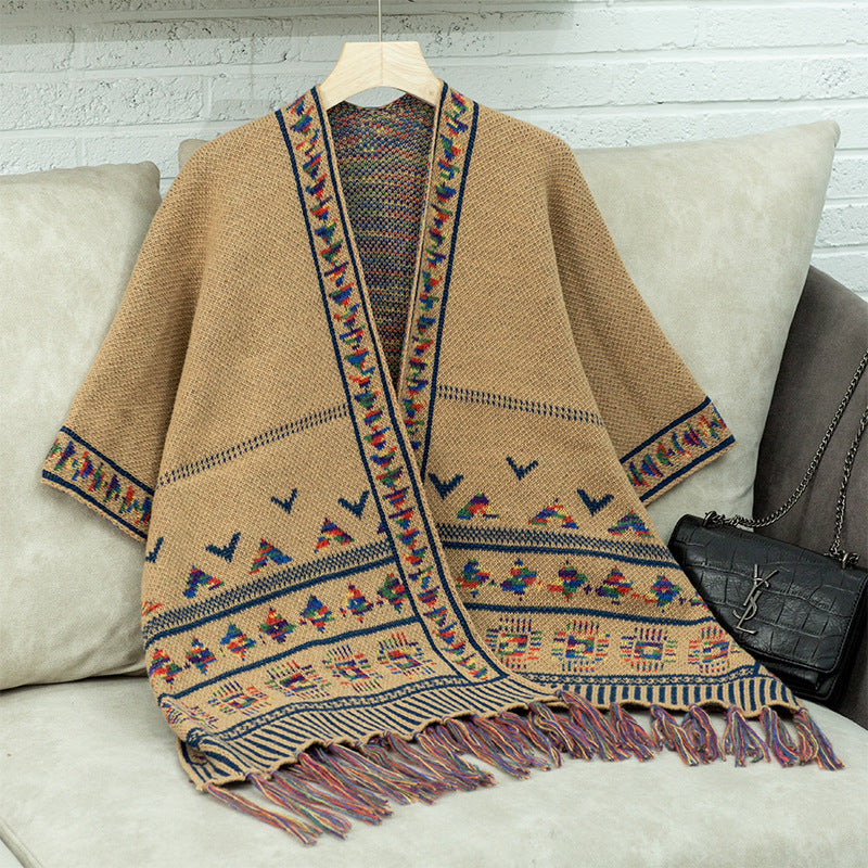 Women elegant poncho with colorful ethnic pattern Lune London