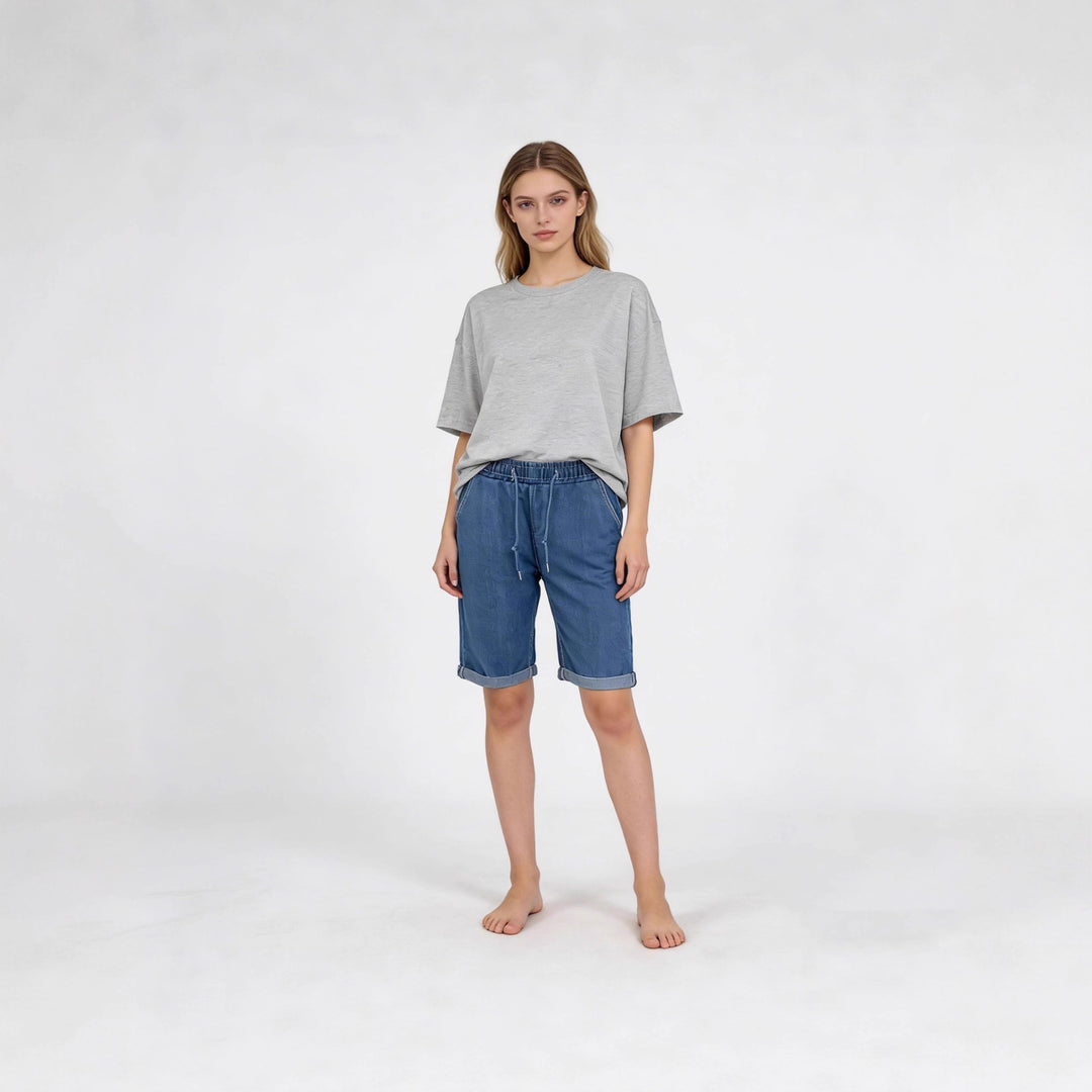 Women's denim shorts with elastic waistband and practical pockets Lune London