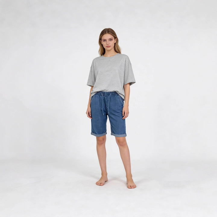 Women's denim shorts with elastic waistband and practical pockets Lune London