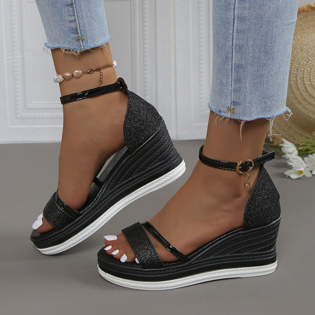 Wedge sandals for women with shimmering upper material and an elegant strap design Lune London