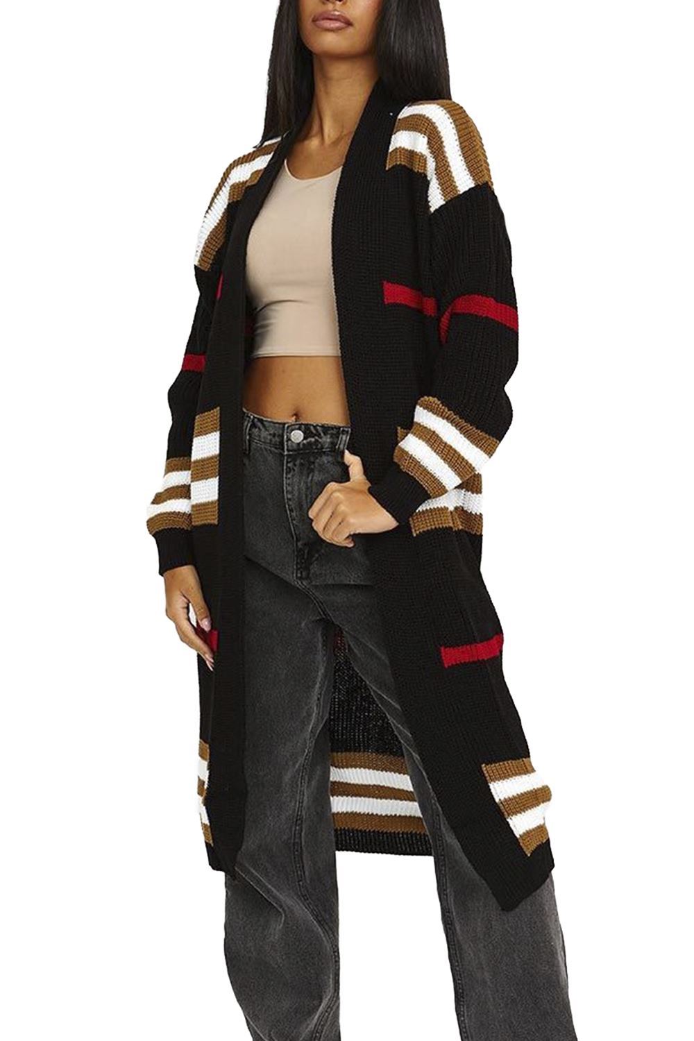 Long knit jacket for women with trendy striped pattern Lune London
