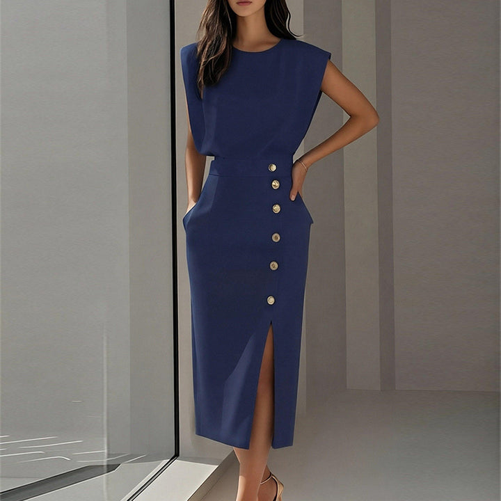 Robe midi élégante pour femmes avec détails de bouton et fente sur le côté Chic & Stil