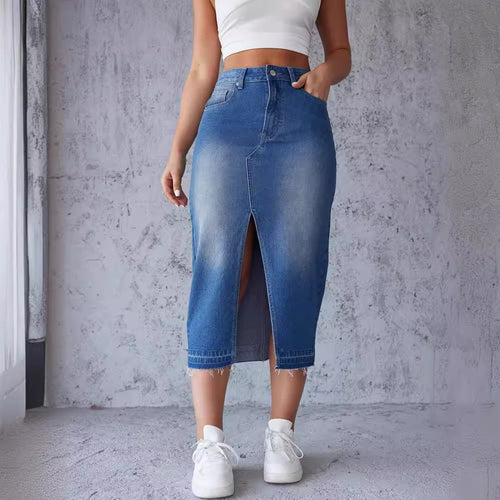 Jupe maxi en denim pour femme avec fente latérale et franges modernes Chic & Stil