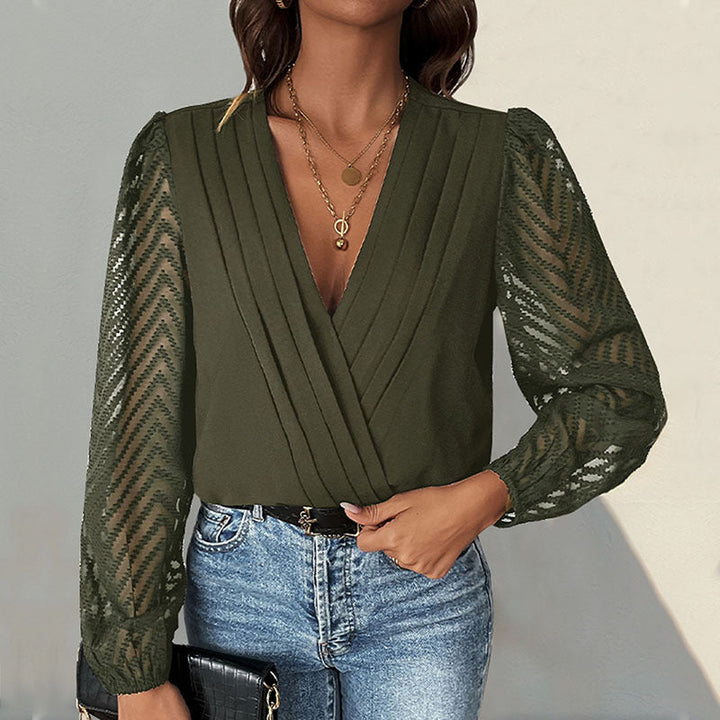 Women's Wrap Blouse with Fine Pleated Details and Transparent Sleeves Lune London