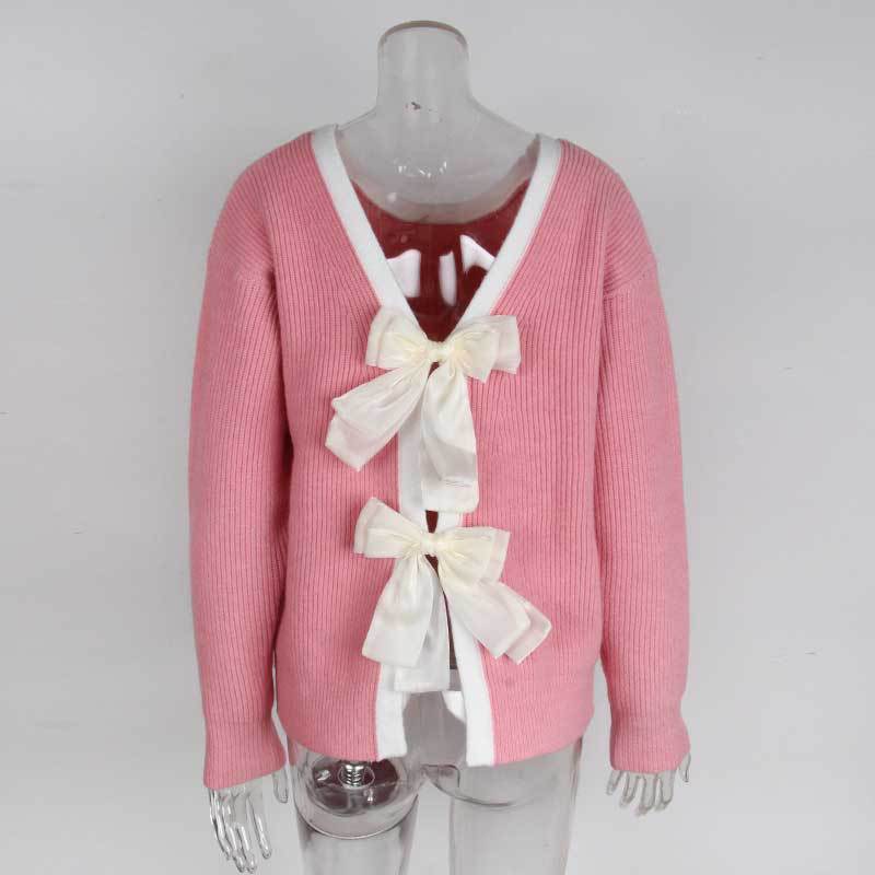 Pull-over en tricot pour femmes avec un col en V et des nœuds décoratifs autour