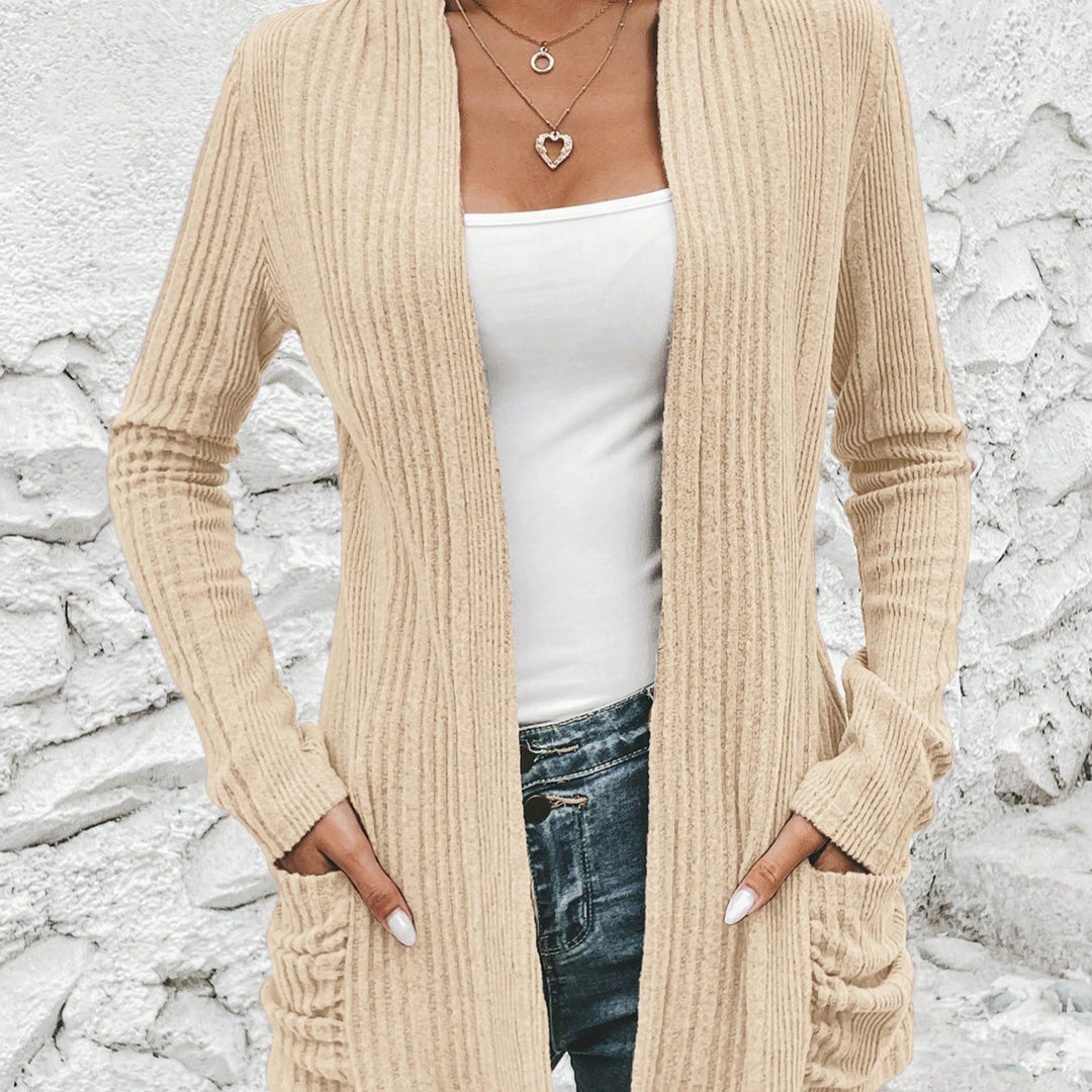 Long women's cardigan with a fine rib structure and practical pockets Lune London