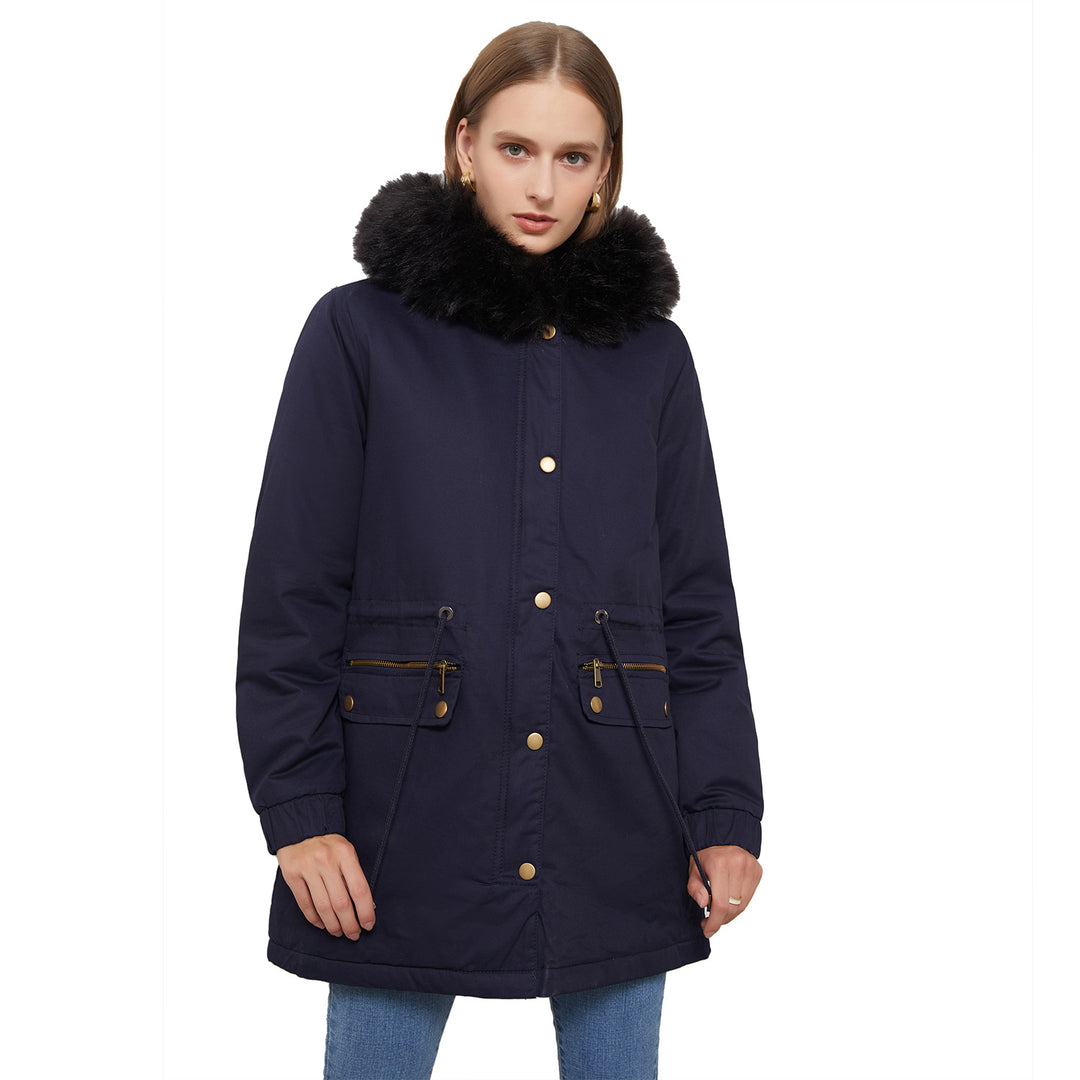 Women's insulated parka with removable faux fur collar and adjustable drawstring waist Lune London