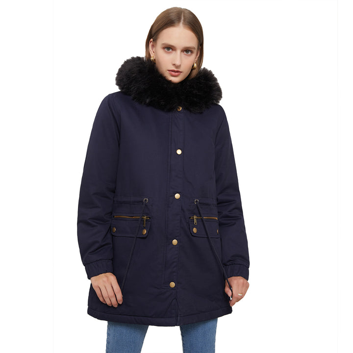 Women's insulated parka with removable faux fur collar and adjustable drawstring waist Lune London