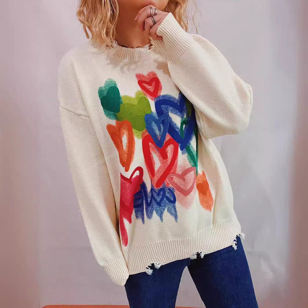 Pull décontracté pour dames avec un design de cœur coloré Chic & Stil