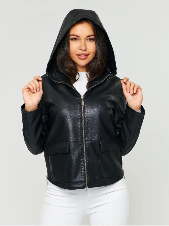 Faux leather jacket for women with integrated hood and practical pockets Lune London