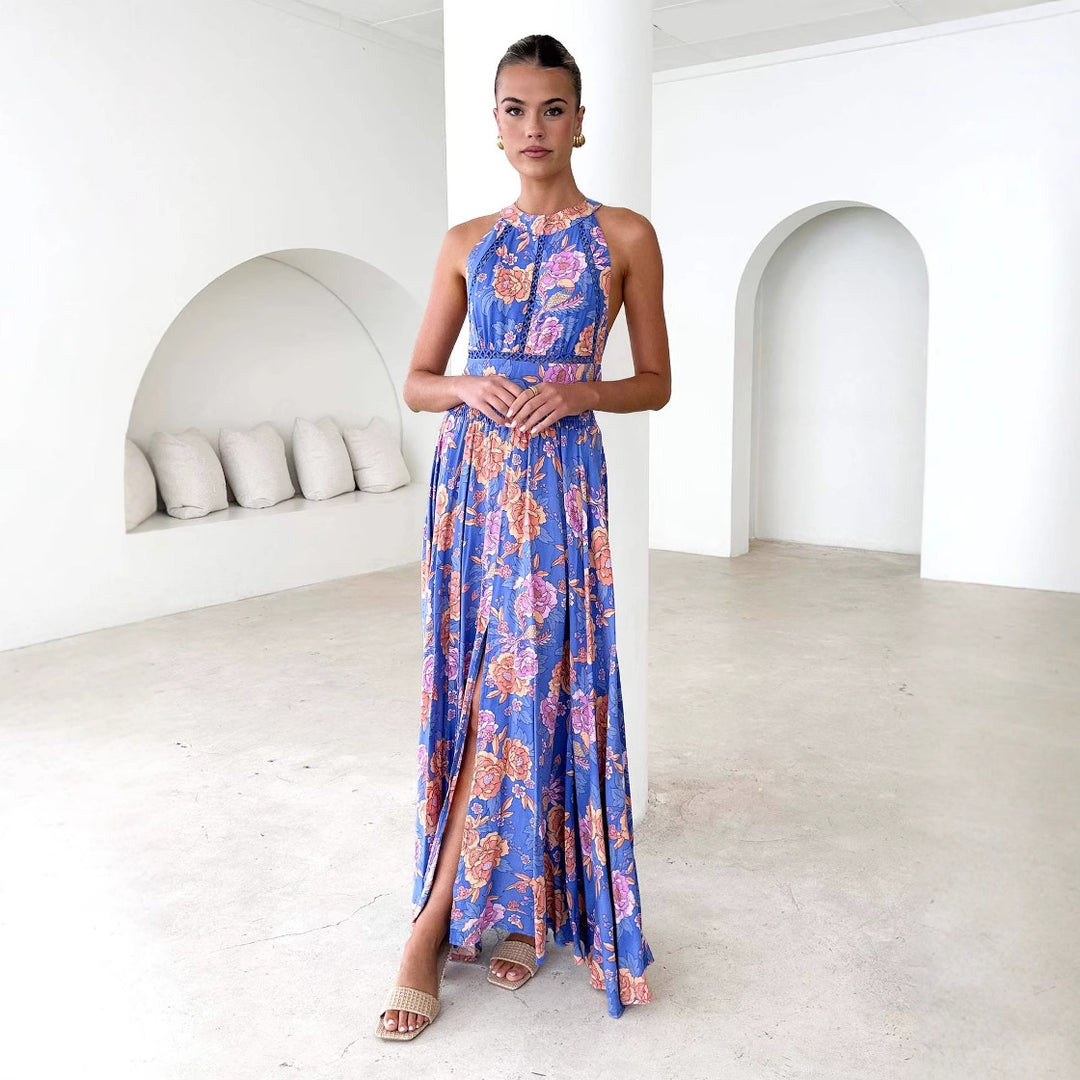 Elegant Maxi Dress for Women with Floral Accents and Chic Backless Style