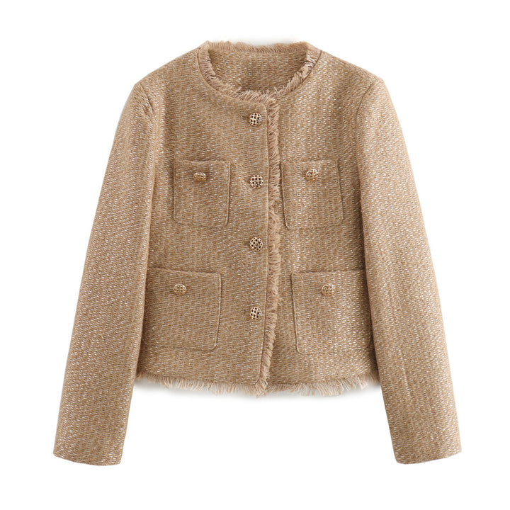 Elegant women's blazer cropped with textured fabric and gold button details Lune London