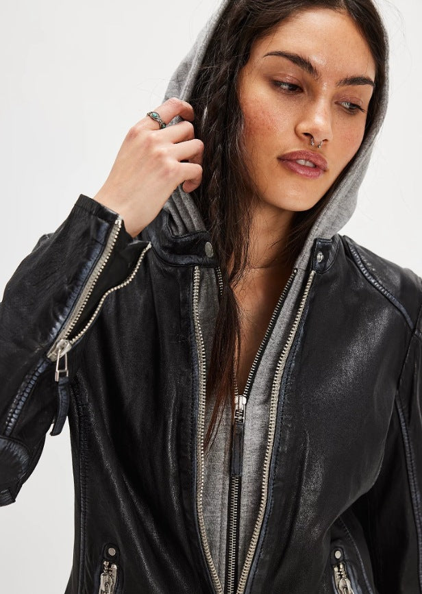 Ladies stylish leather jacket with removable hood Lune London