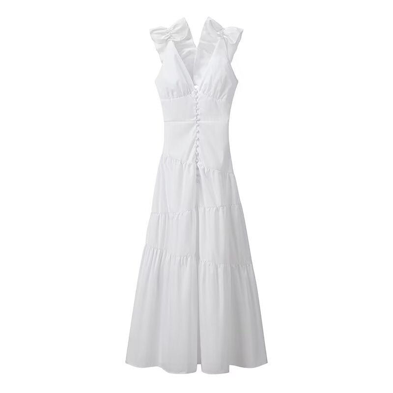 Maxi dress for women with a floating ruffle design and an elegant V neck Lune London