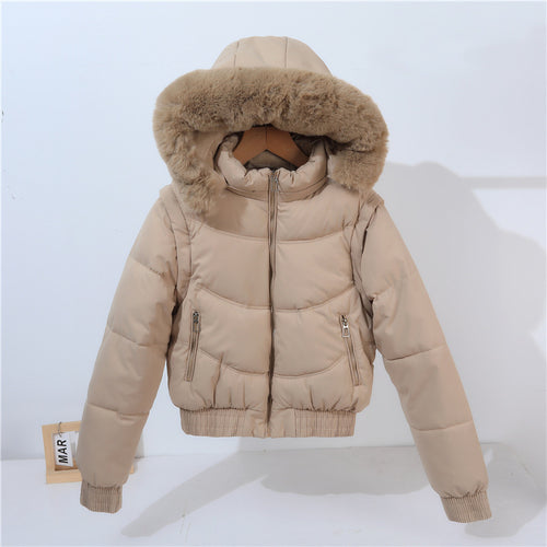 Short quilted jacket for women with removable hood and luxurious faux fur collar Lune London