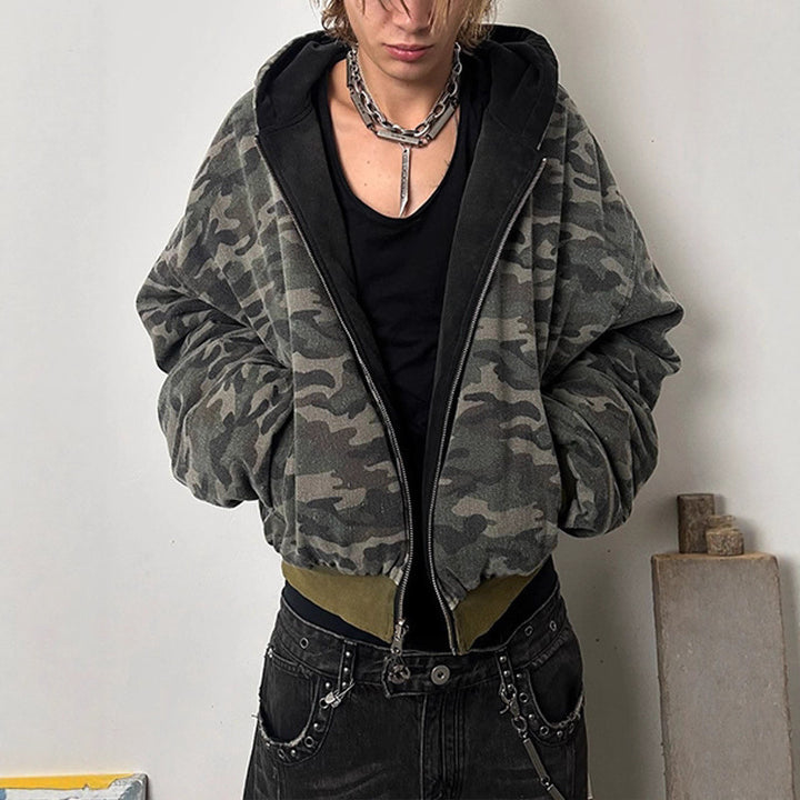 Oversized camouflage jacket for women with hood and zipper Lune London