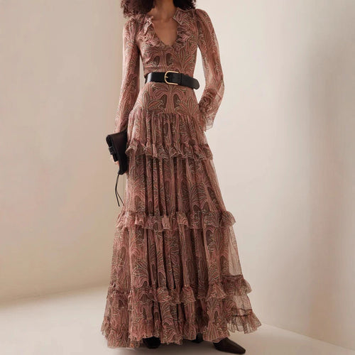 Maxi dress for women with ruffled fabric and elegant V-neck Lune London