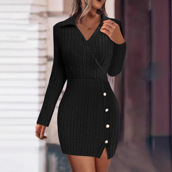 Knit dress for women with V-neckline and button details Lune London