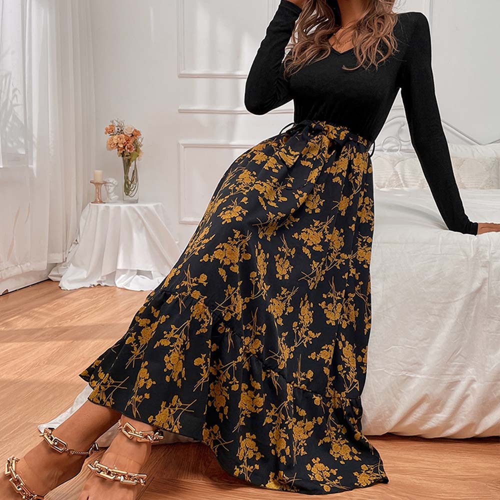 Robe maxi pour femme avec décolleté en V profond et jupe fleurie Chic & Stil
