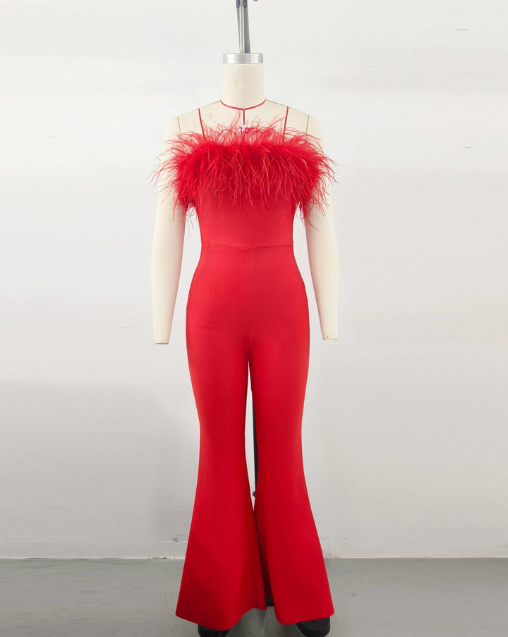 Women's Culotte Overall with Glamorous Feather Trim Lune London