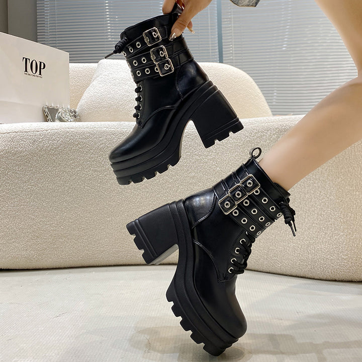 Chunky boots for women with decorative straps and a sturdy profile Lune London