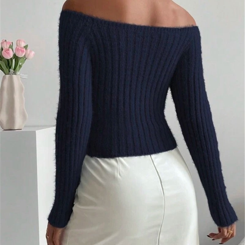 Ladies Off-Shoulder Knit Sweater with Fine Rib Structure and Long Sleeves Lune London