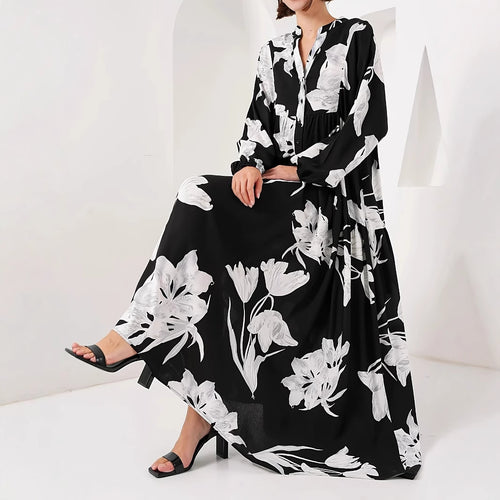 Women’s maxi dress with floral print and elegant button design Lune London