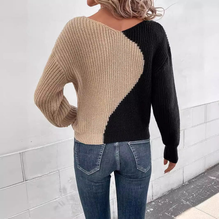 Trendy women's V-neck sweater in colorblock style Lune London