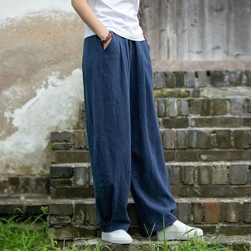 Wide linen pants for ladies with elastic waistband and side pockets Lune London