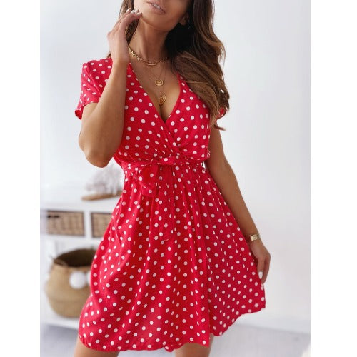 Chic and Stylish Women's Polka Dot A-Line Mini Dress with Tying Belt