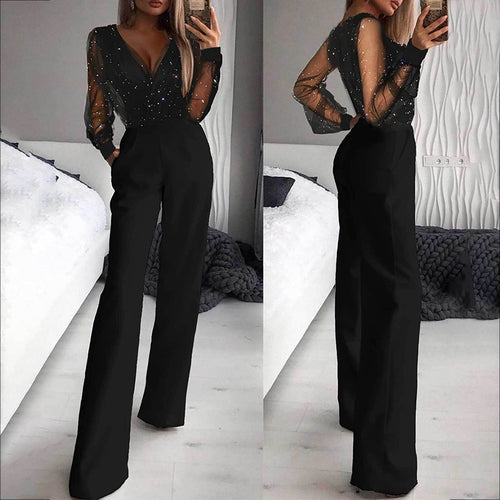 Women Elegant Jumpsuit with Transparent Sleeves and Sparkling Details Lune London