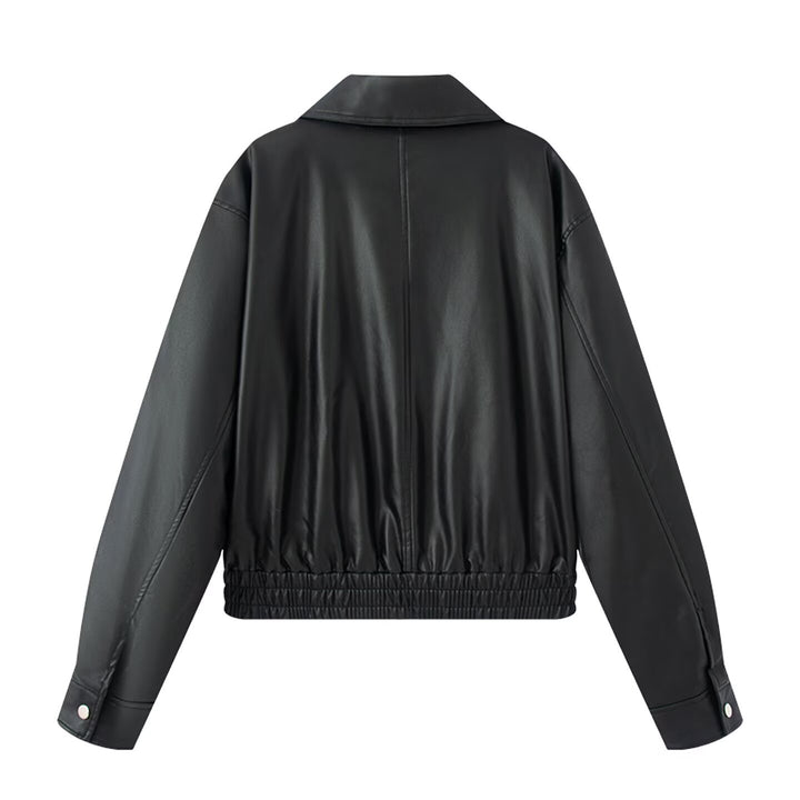 Casual biker-style faux leather jacket for women with convenient pockets and elastic belt Lune London