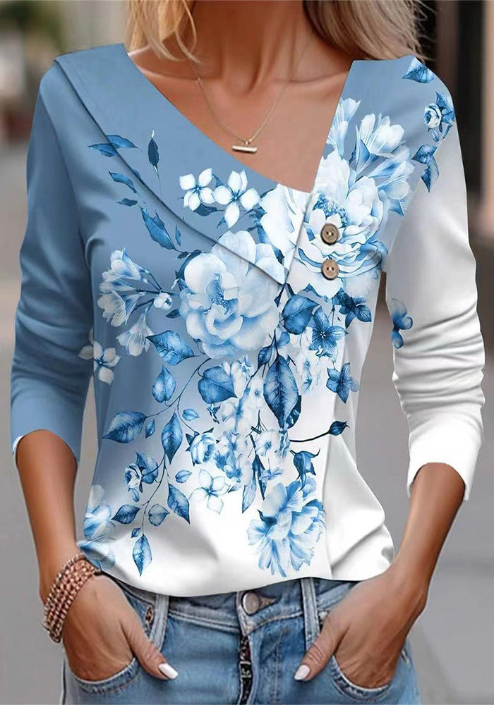 Ladies' blouse with floral appliqué and modern button details Lune London