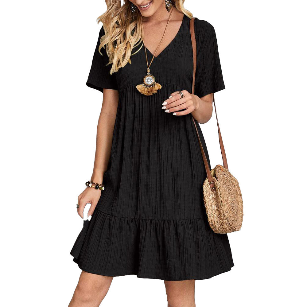 Pleated V-neck dress for women with ruffled details Lune London