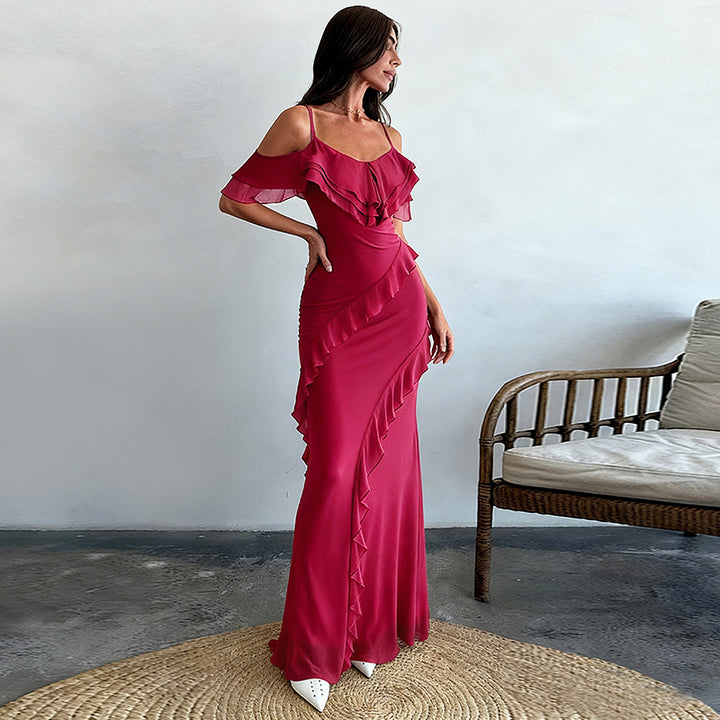 Women's elegant maxi dress with asymmetric ruffle design