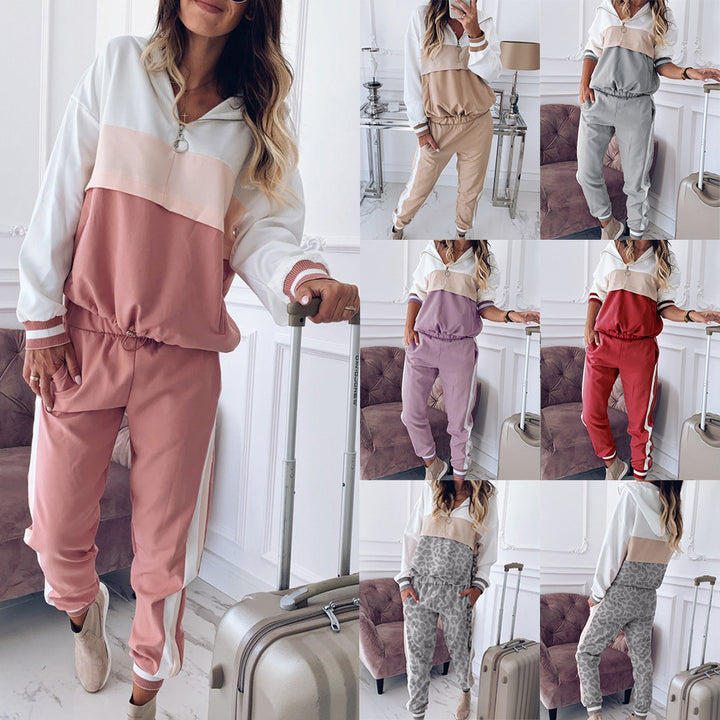 Sport leisure set for women with a stylish collar and chic side stripes